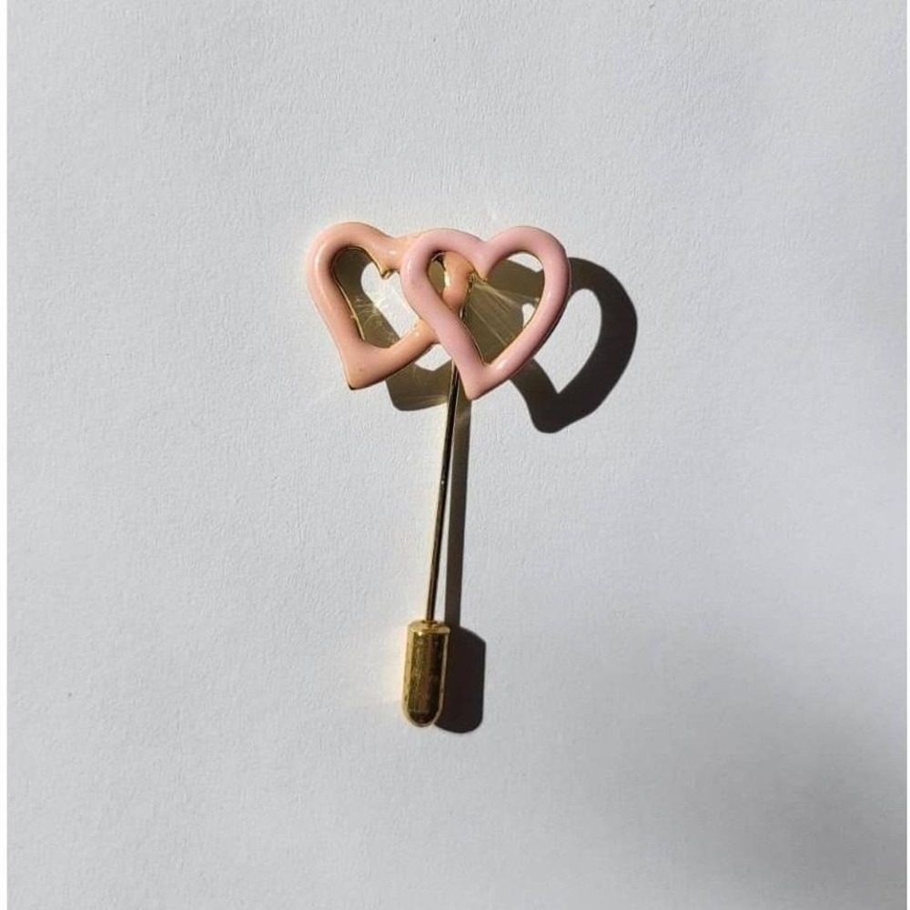 Vintage Gold Tone Double Heart Pin Brooch Pastel Pink Enamel Stick Pin Accessory